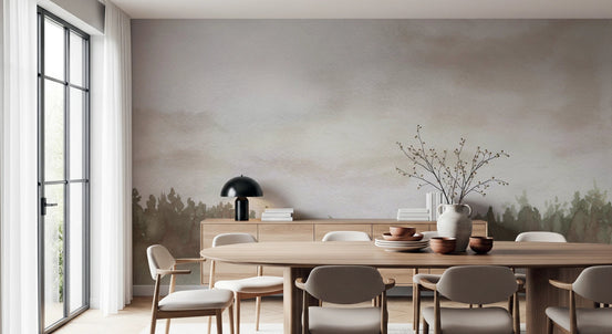 Minimalist Misty Trees wall mural blending misty forest detail with open space, GD8102
