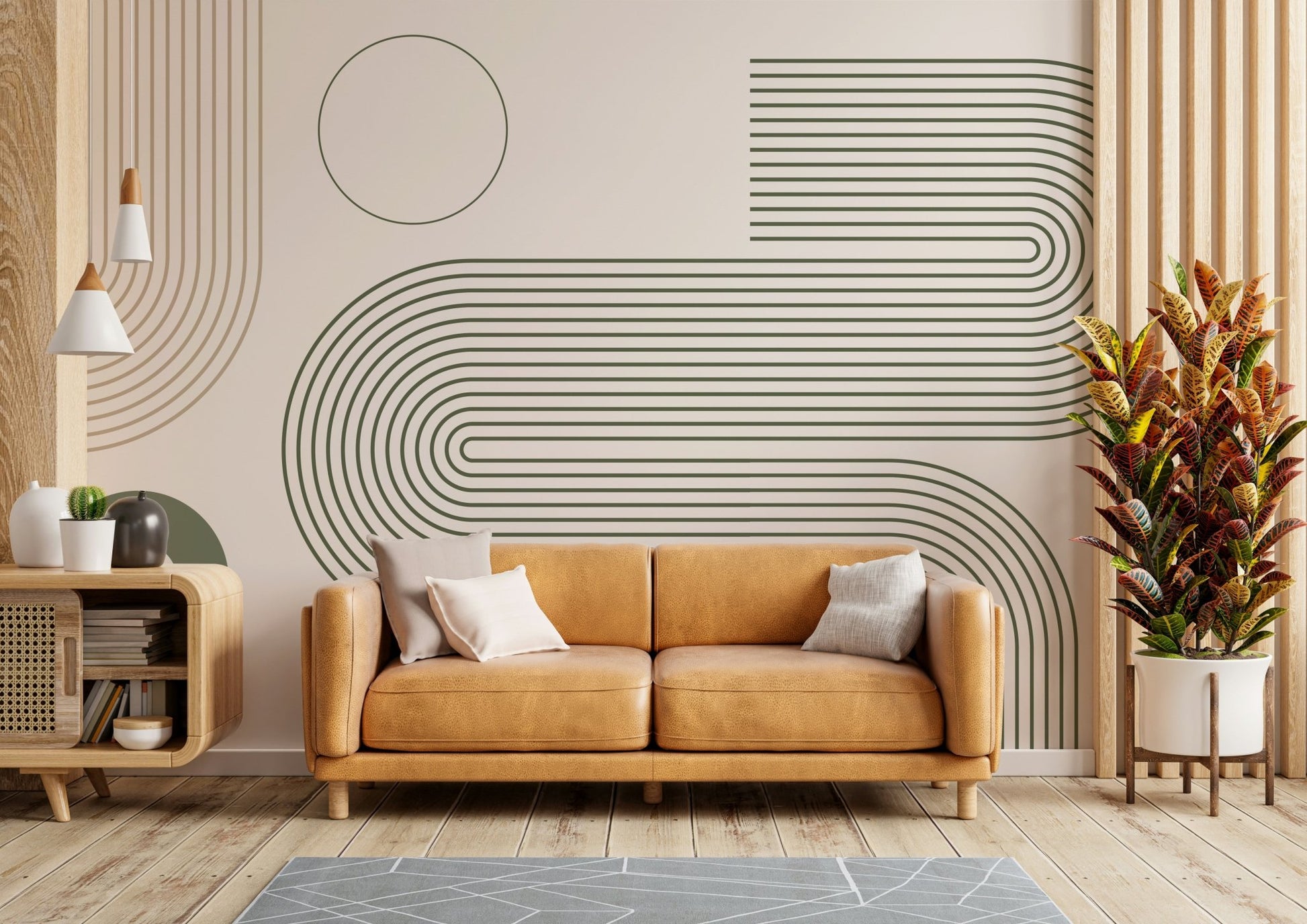 Living room with retro flow wall mural

