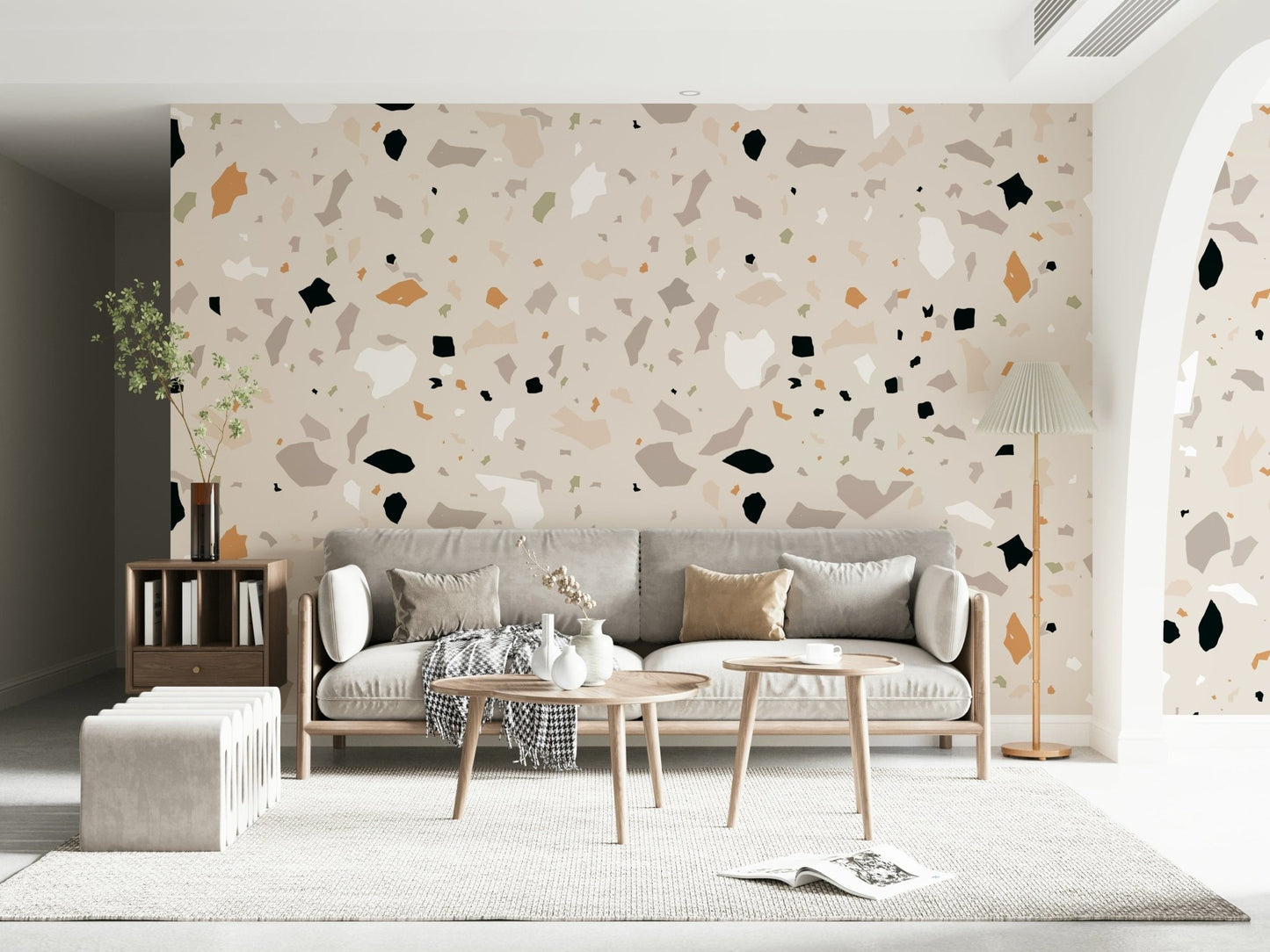 Subtle color palette for this Minimalist Terrazzo wallpaper, including slate, ivory, and apricot.
