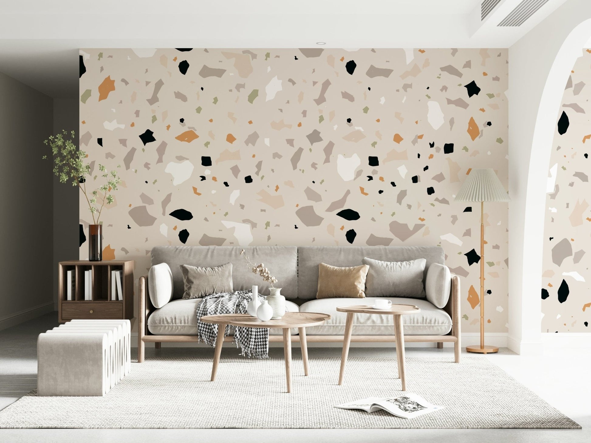 Subtle color palette for this Minimalist Terrazzo wallpaper, including slate, ivory, and apricot.