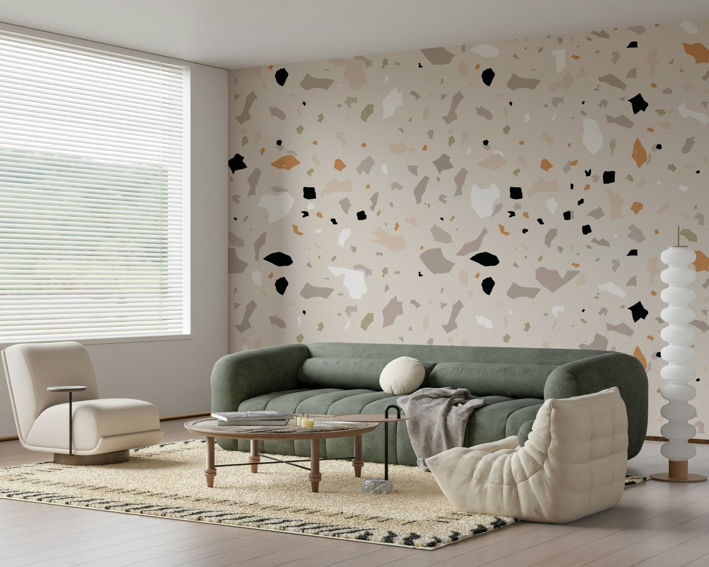 Warm-toned Minimalist Terrazzo mural displaying organic shapes of stone material.