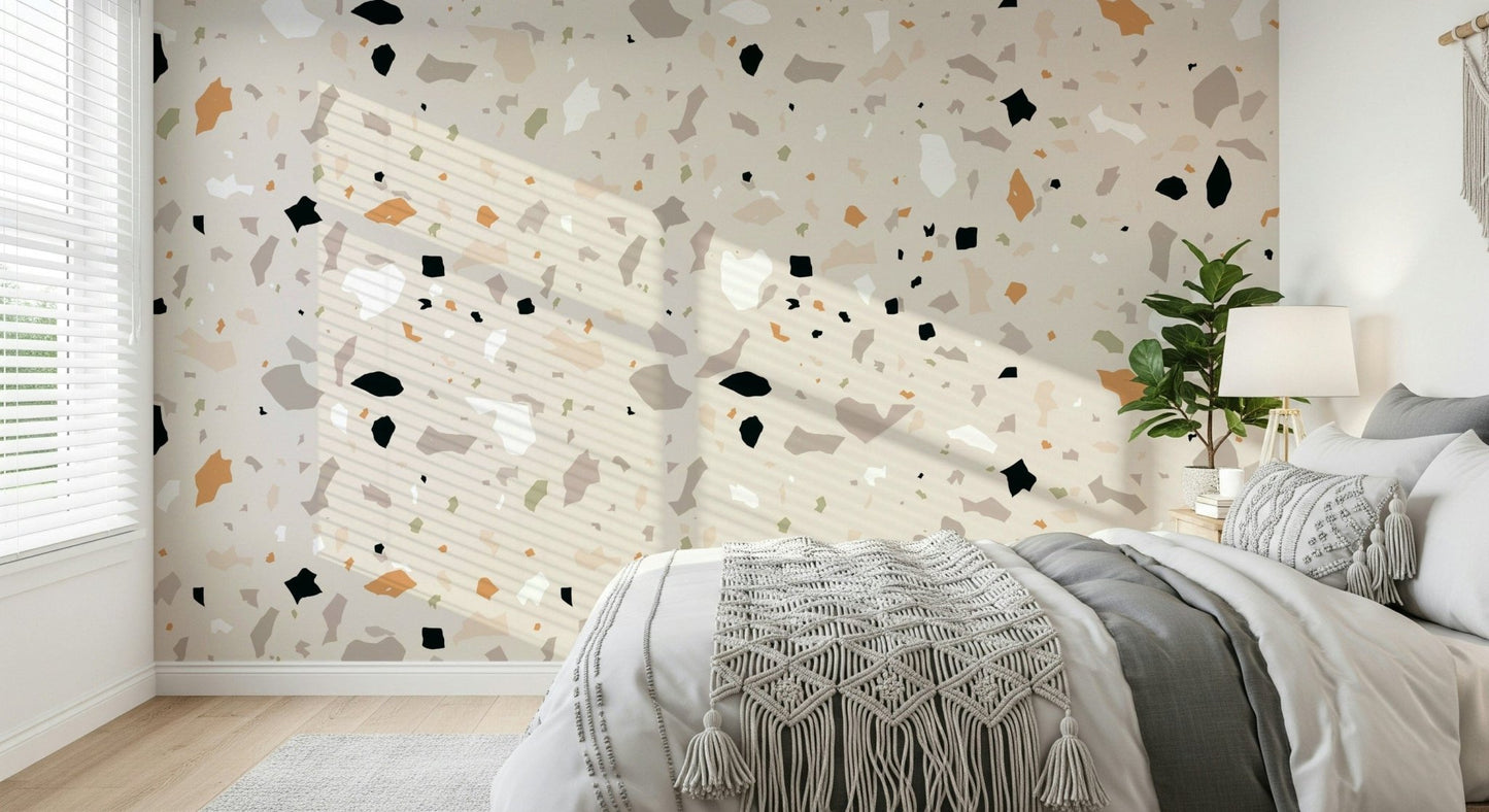 Terrazzo pattern wallpaper, abstract stone fragment design.