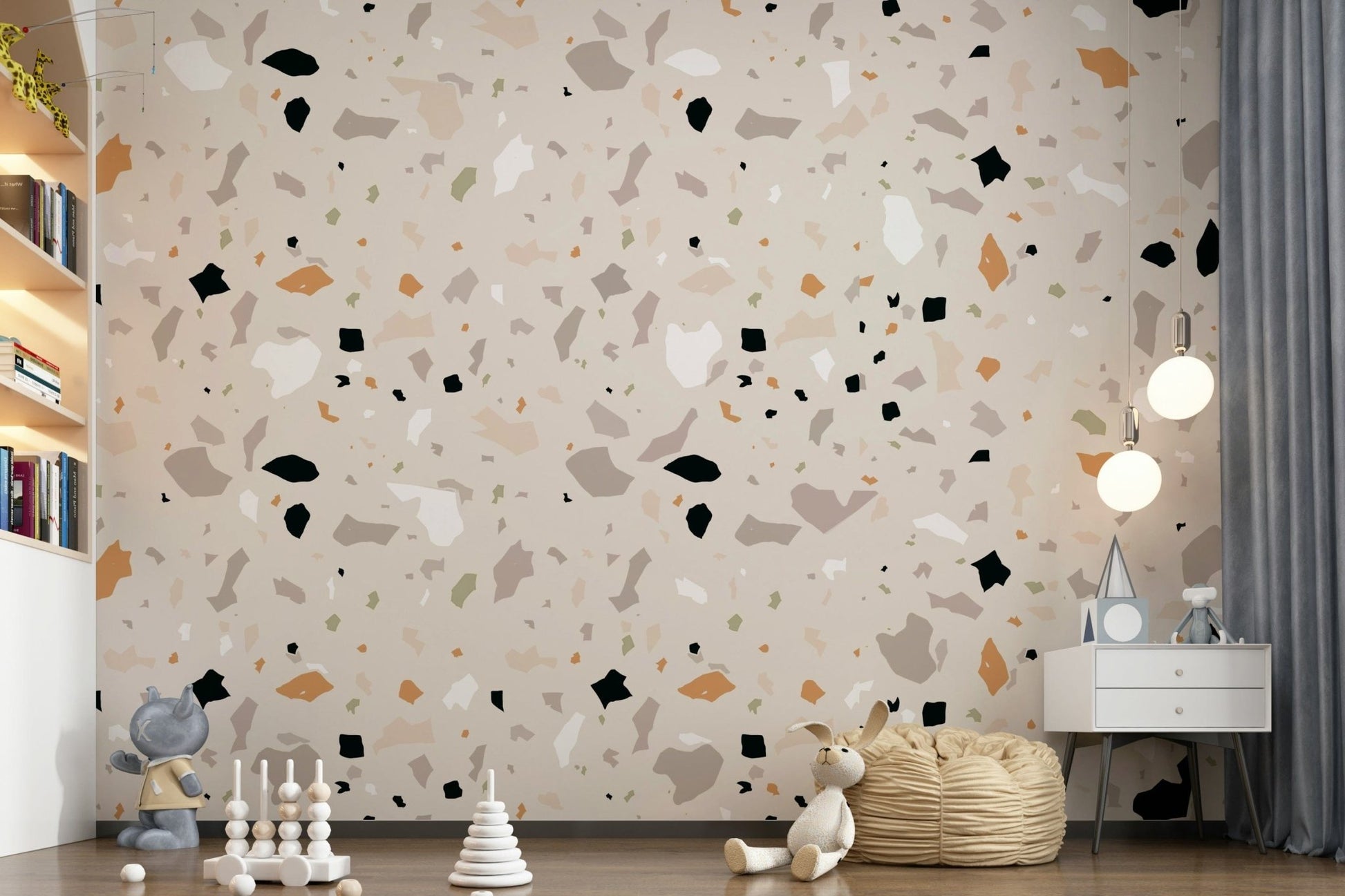Modern, durable wall covering simulating the classic look of polished Natural Stone terrazzo.
