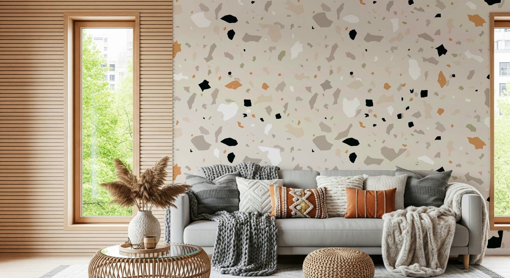 Textured wall mural featuring an array of irregular dark and light Minimalist Terrazzo flecks.