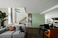 Gentle creams and muted pink/white accents.

