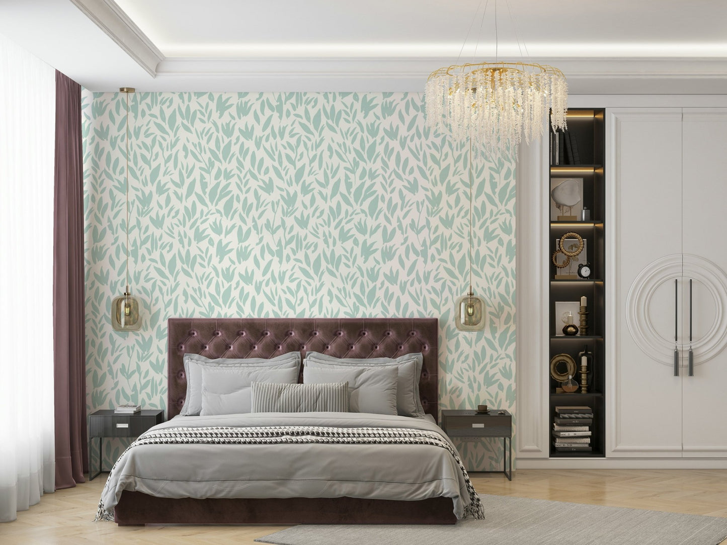 An angled shot of a wall with green wallpaper

