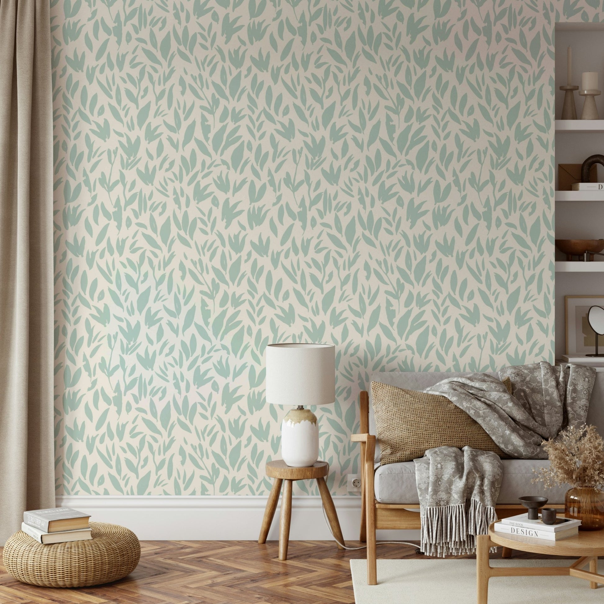 A kitchen decorated with a mint leaf mural

