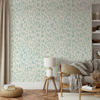 A kitchen decorated with a mint leaf mural


