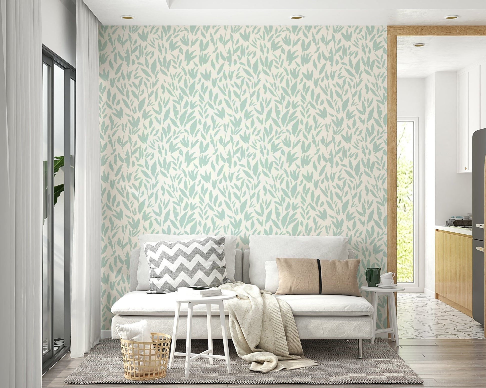 A living room with a serene mint leaf design

