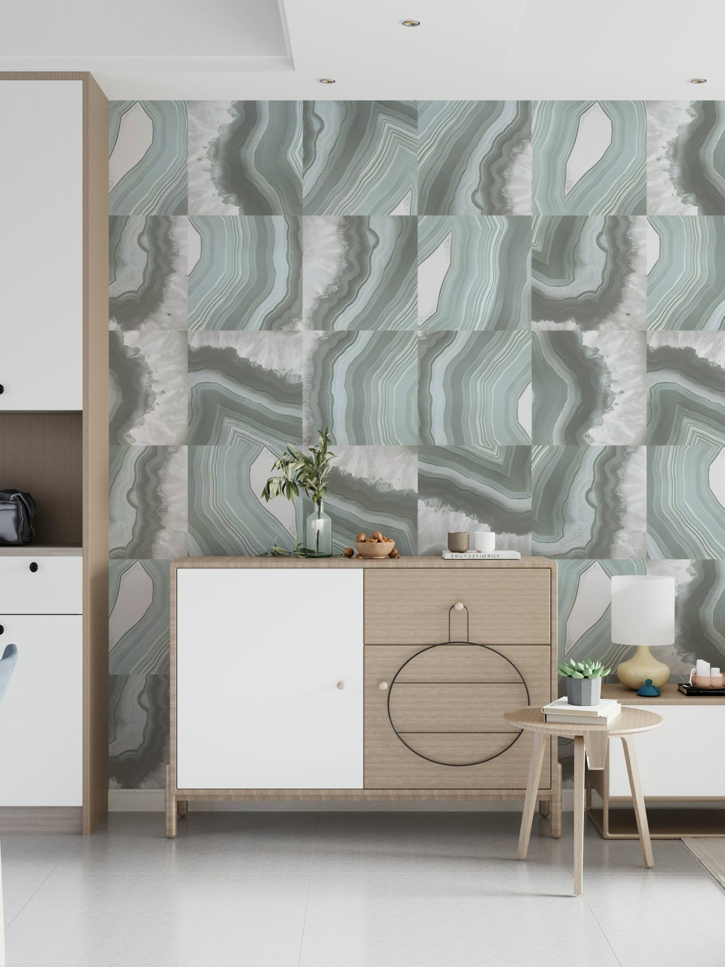 A calming abstract design wallpaper mural that defines a space.