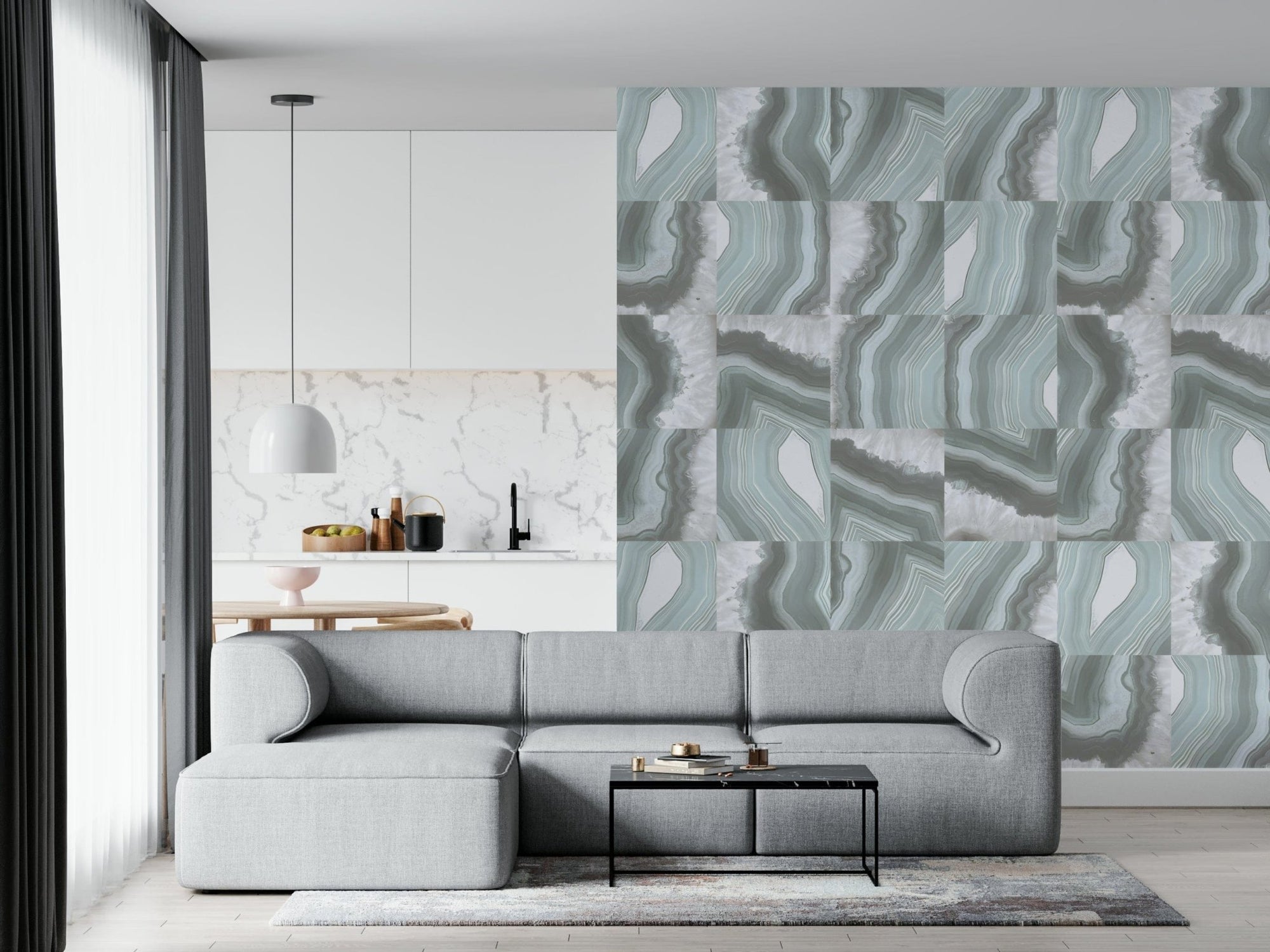 A beautiful abstract marble agate wallpaper mural with mint green and flowing veins., GD6024