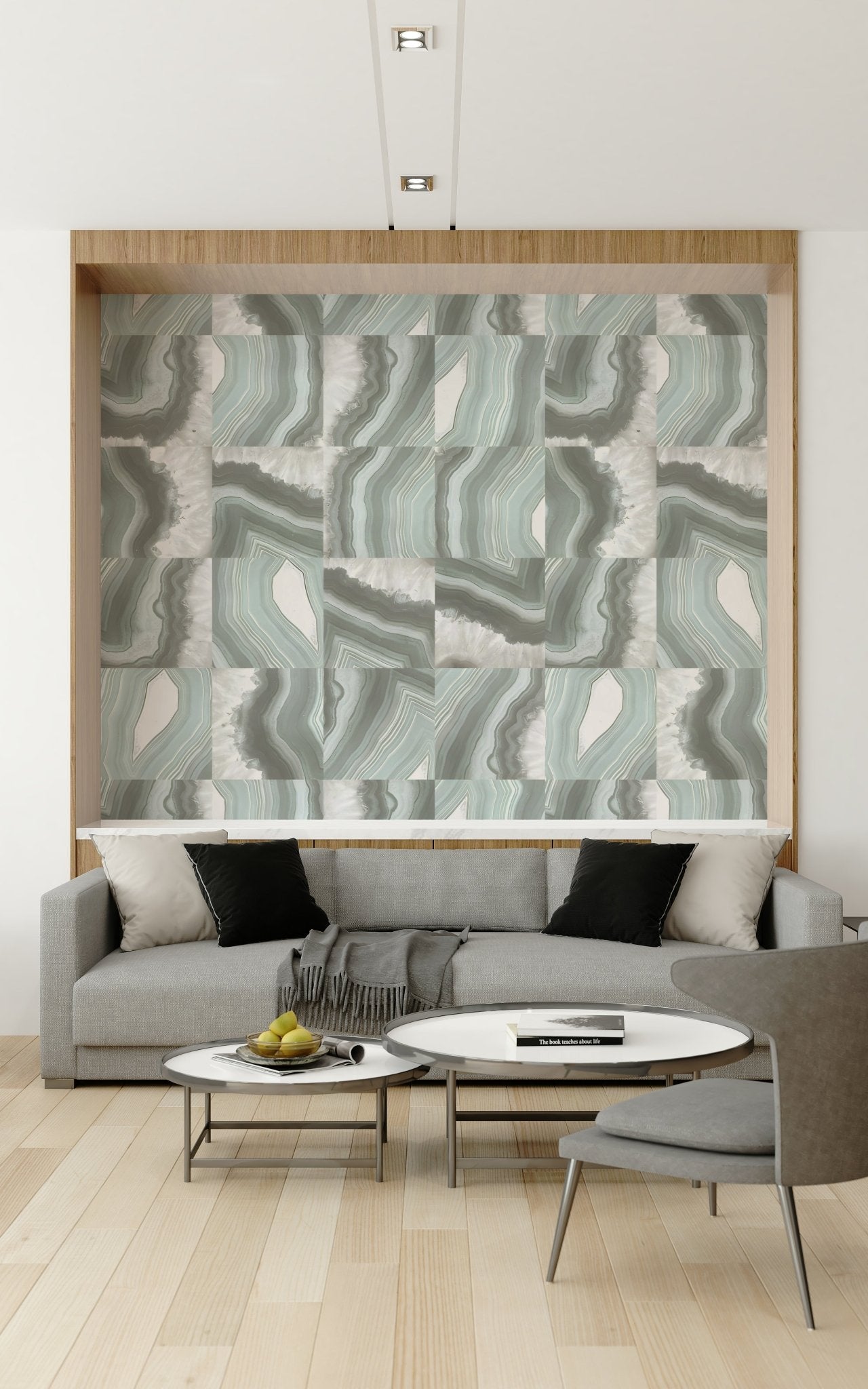 A peaceful modern abstract mural on decorative wallpaper.