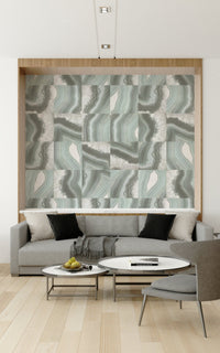 A peaceful modern abstract mural on decorative wallpaper.