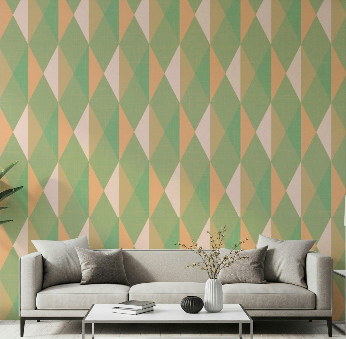 Living room styled with mint peach triangle wall mural creating soft geometric flow, GD7071