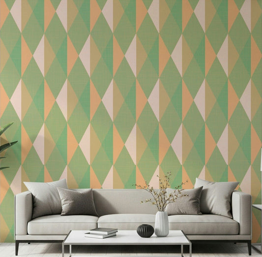 Living room styled with mint peach triangle wall mural creating soft geometric flow