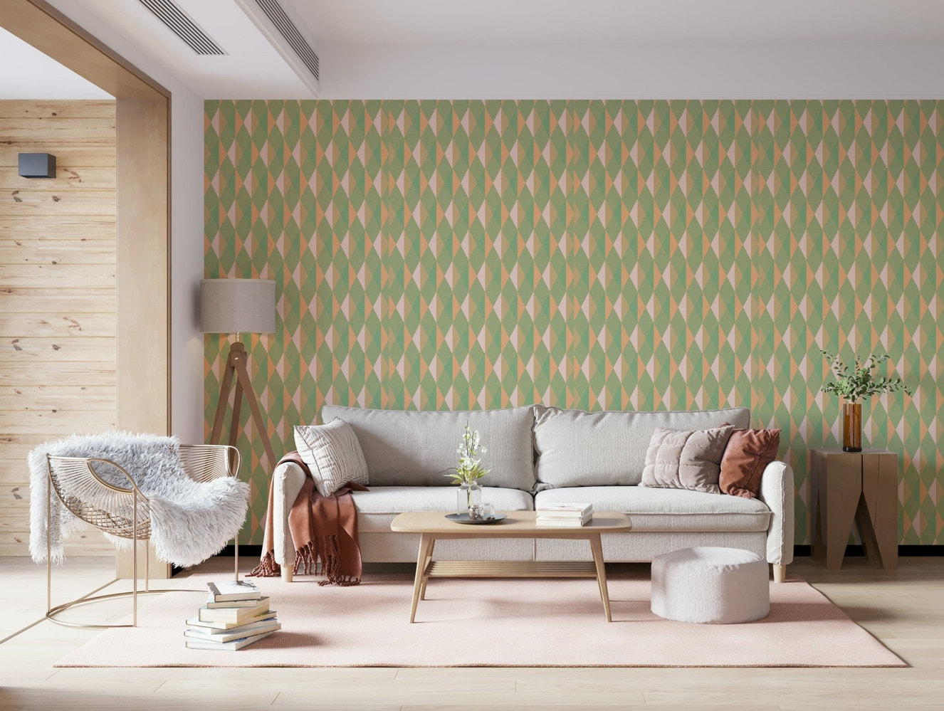 Mint & Peach Triangles wallpaper for walls, geometric pattern, pastel design.