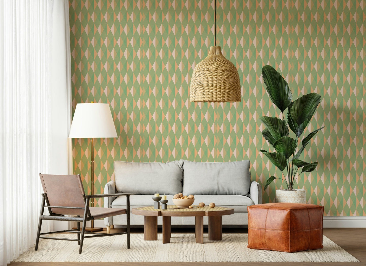 Mint & Peach Triangles wallpaper, soft harlequin tile effect, wall covering.