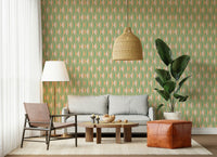Mint & Peach Triangles wallpaper, soft harlequin tile effect, wall covering.