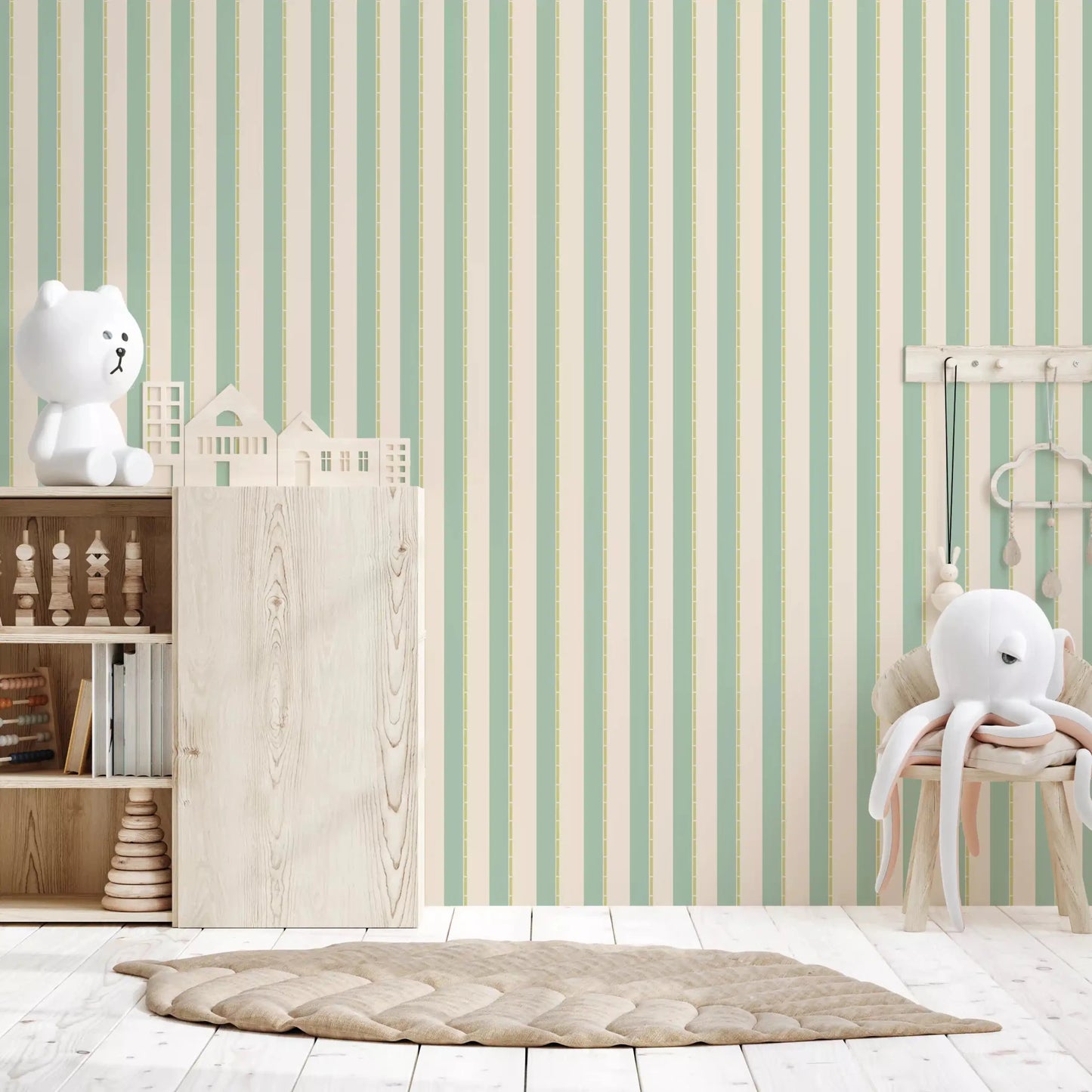 Nursery with Mint Vertical Stripes Wallpaper and gentle pastel stripe styling