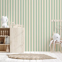 Nursery with Mint Vertical Stripes Wallpaper and gentle pastel stripe styling