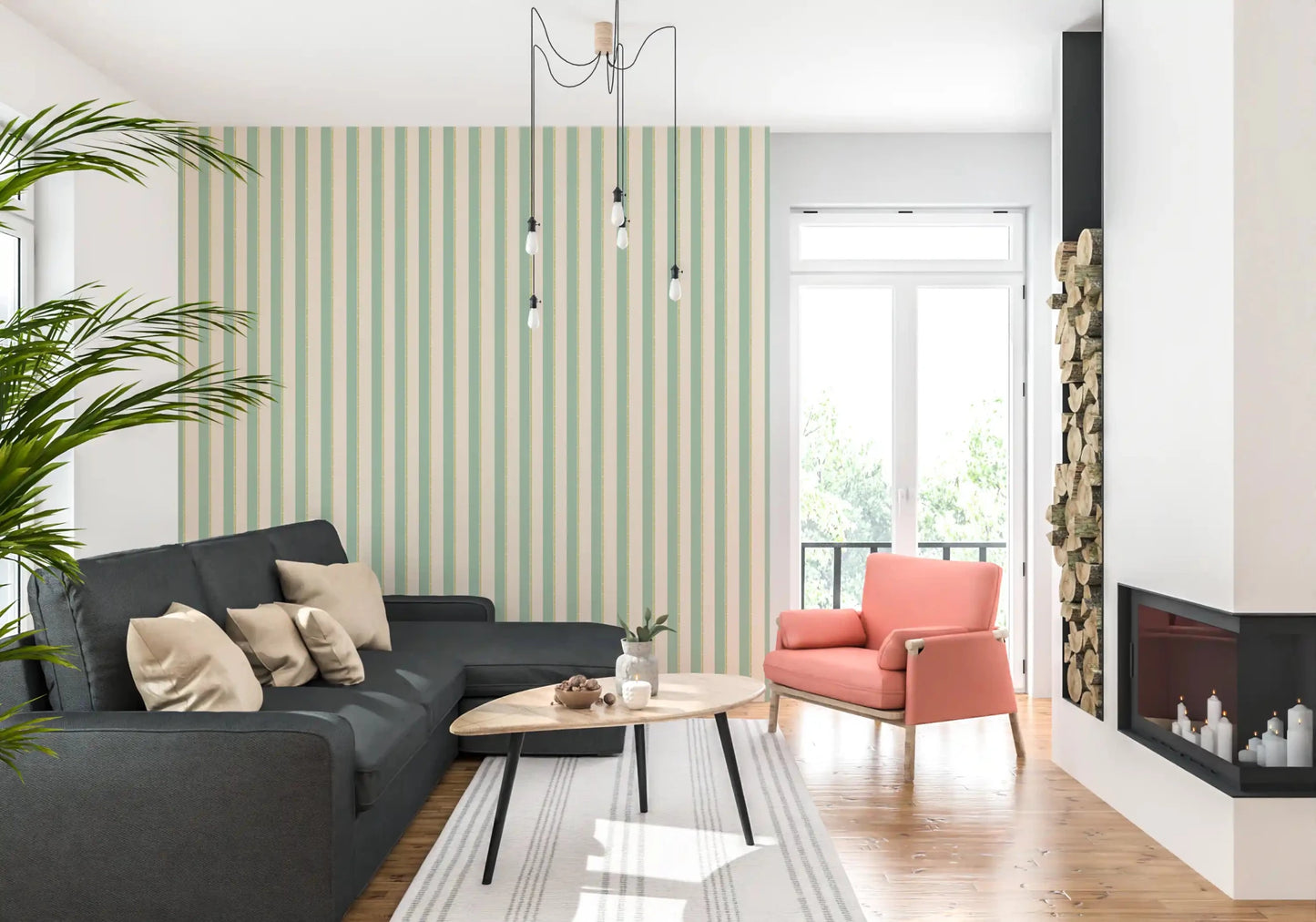 Hallway  with Mint Vertical Stripes Wallpaper and a calm striped backdrop
