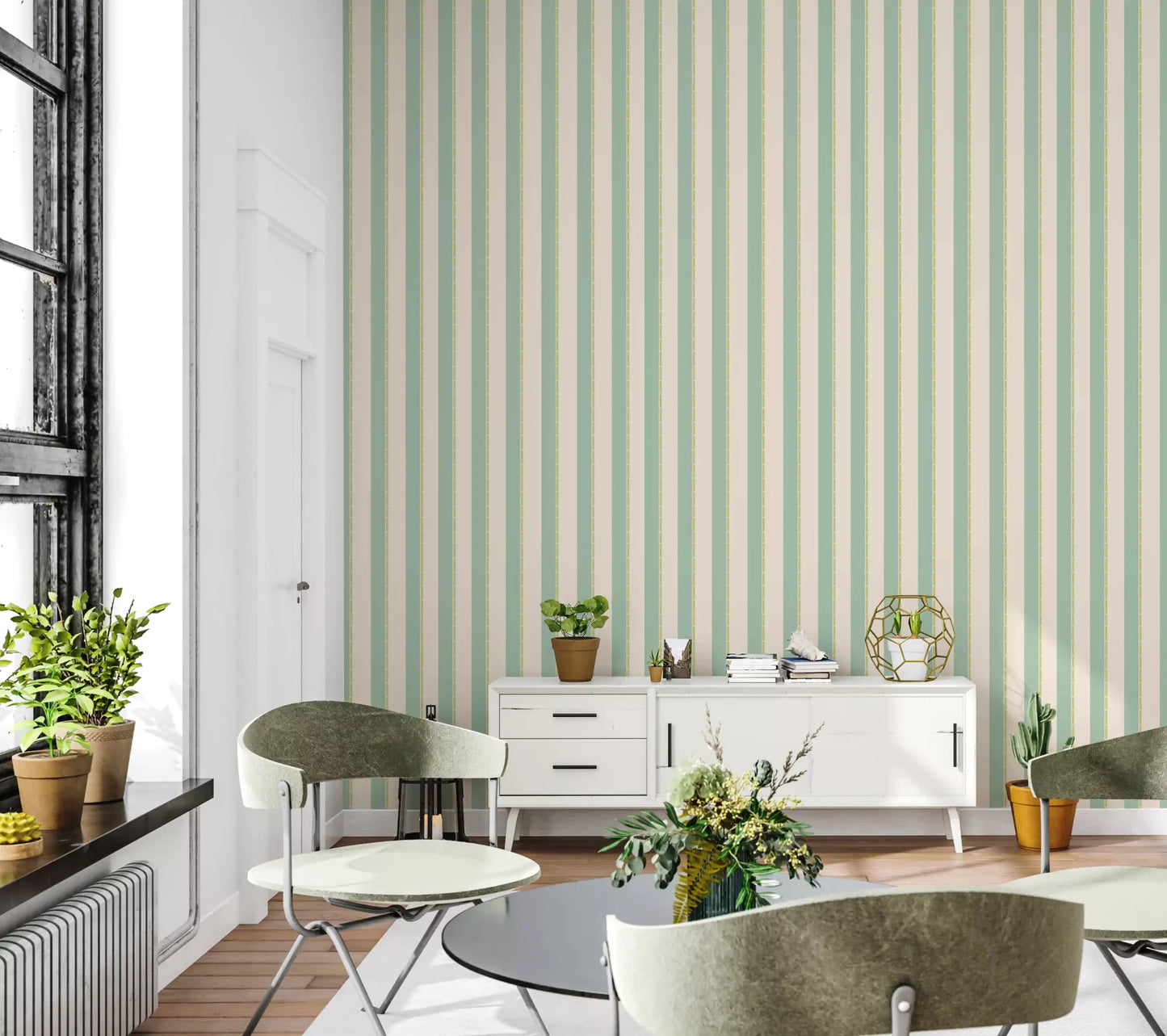 Dining space with Mint Vertical Stripes Wallpaper in a fresh airy setting