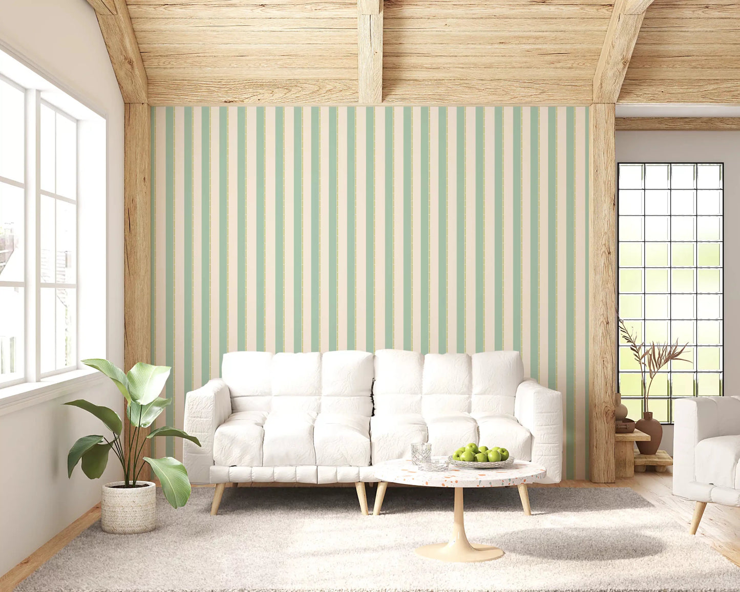 Living room with Mint Vertical Stripes Wallpaper and soft pastel striped 