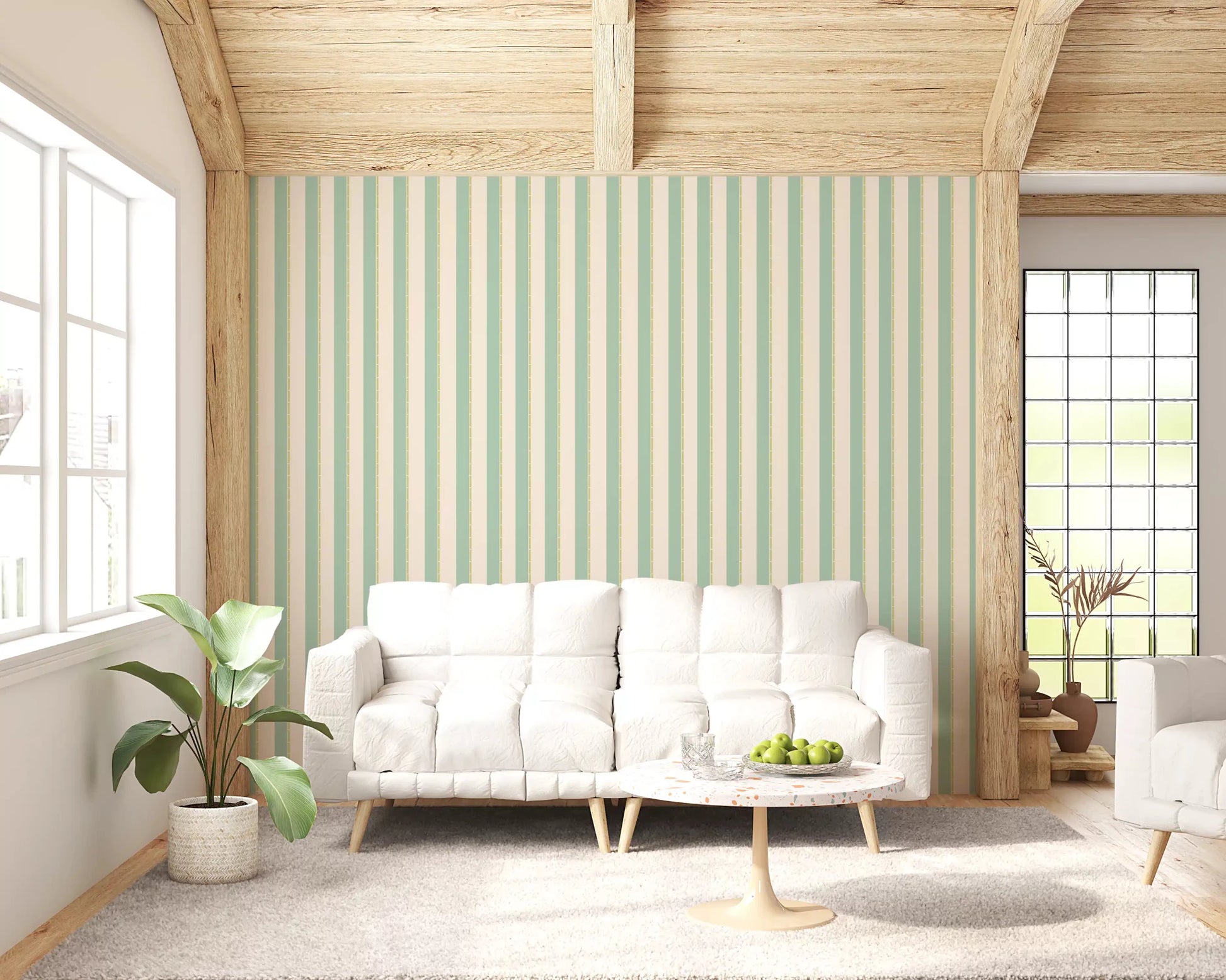 Living room with Mint Vertical Stripes Wallpaper and soft pastel striped 