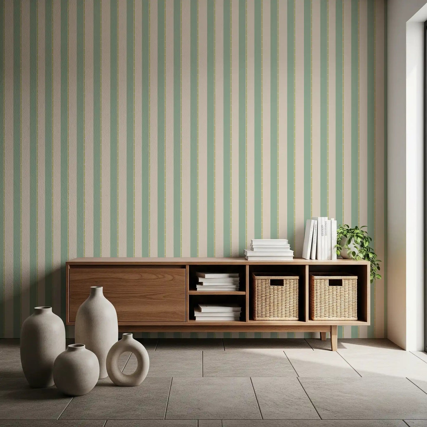 Reading nook with Mint Vertical Stripes Wallpaper and muted green stripe detail