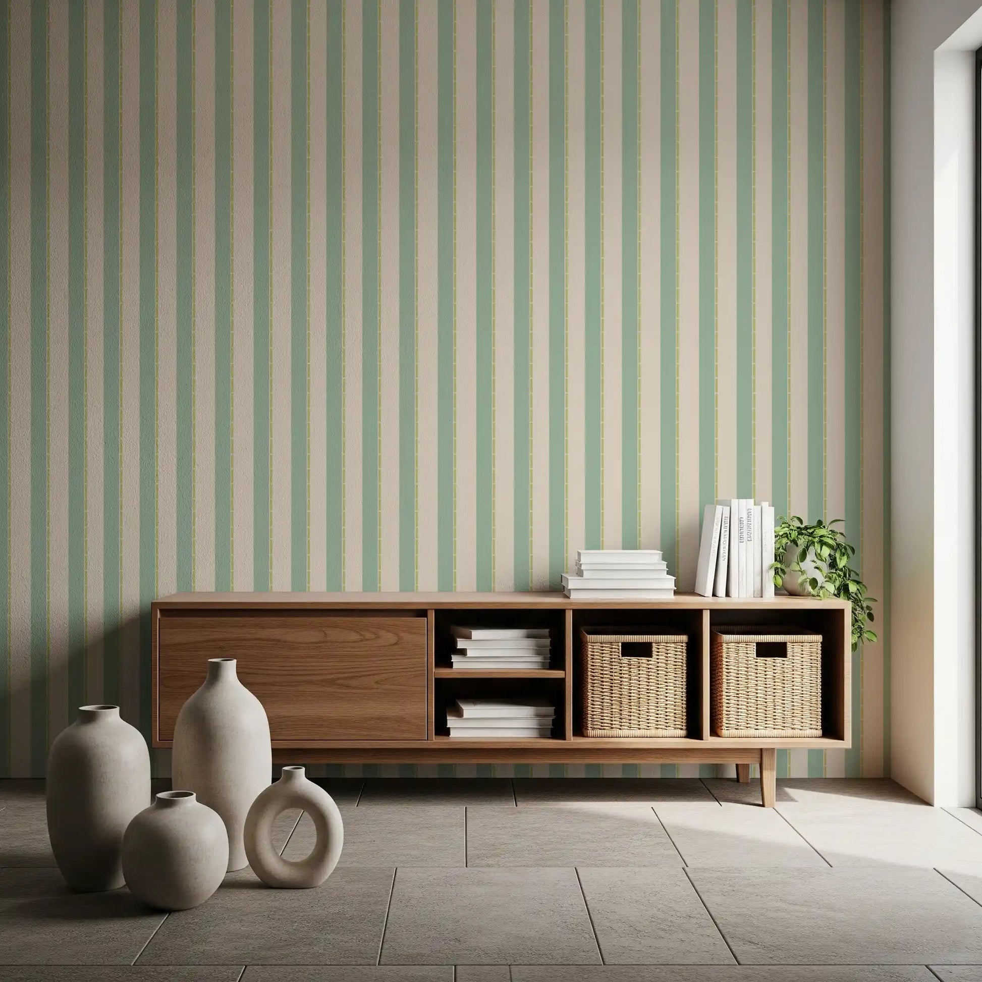 Reading nook with Mint Vertical Stripes Wallpaper and muted green stripe detail