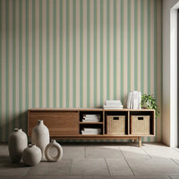 Reading nook with Mint Vertical Stripes Wallpaper and muted green stripe detail