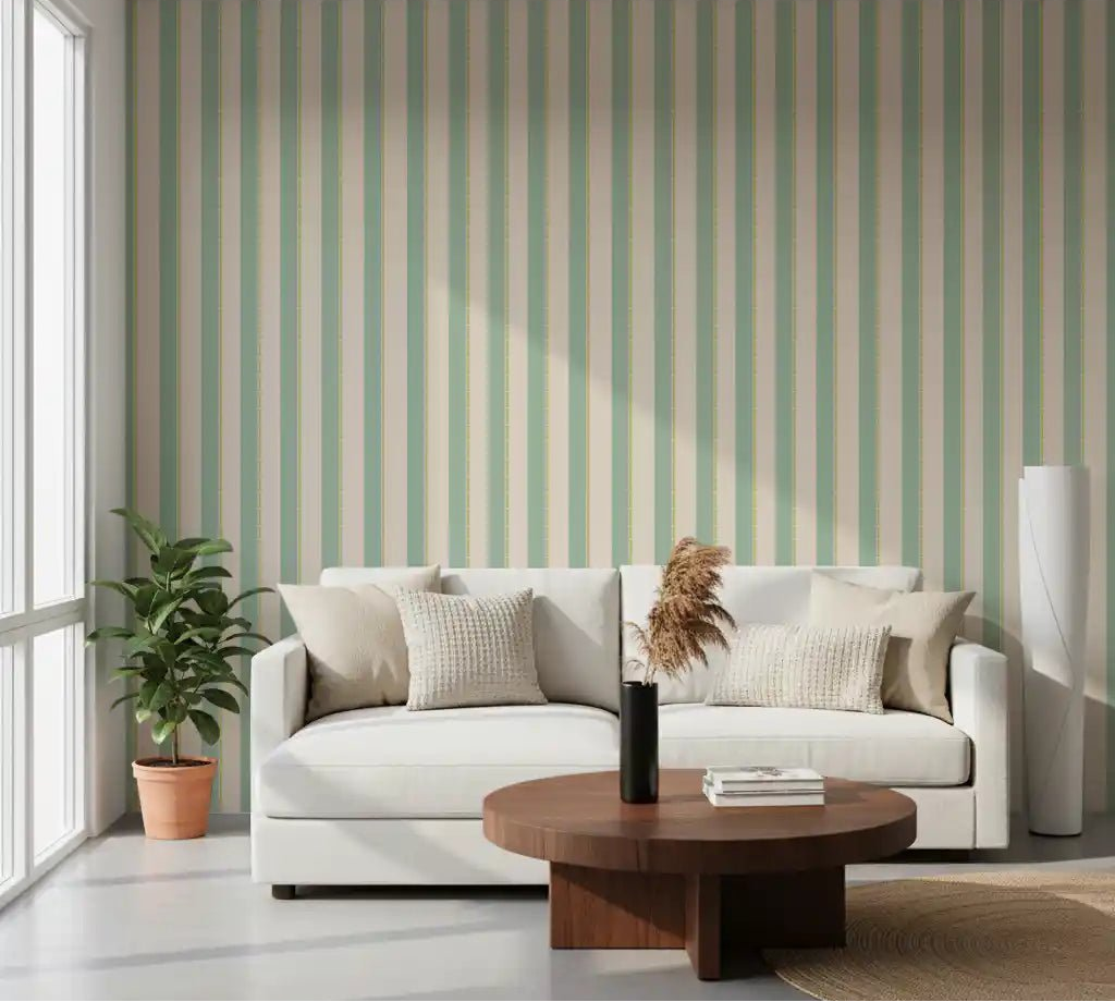 Cozy lounge with Mint Vertical Stripes Wallpaper and a soft neutral sofa