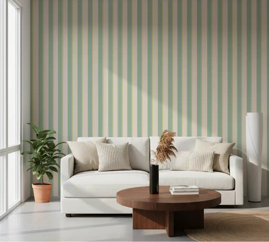 Cozy lounge with Mint Vertical Stripes Wallpaper and a soft neutral sofa, GD8896