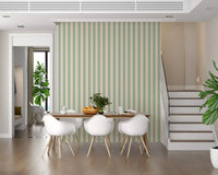 Dining space with Mint Vertical Stripes Wallpaper in a bright minimal room