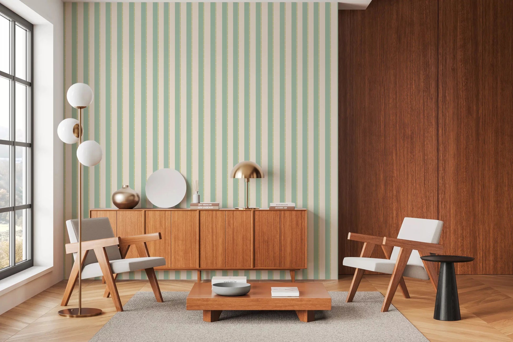 Living room with Mint Vertical Stripes Wallpaper and warm wood furniture