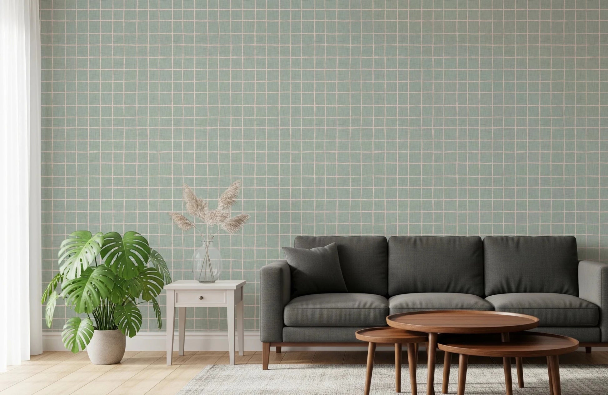 Delicate seafoam green wallpaper with a grid pattern.