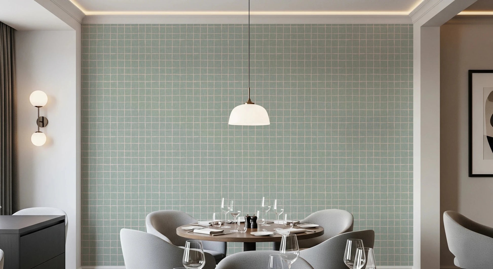 Breezy mint green wallpaper with a woven fabric look.