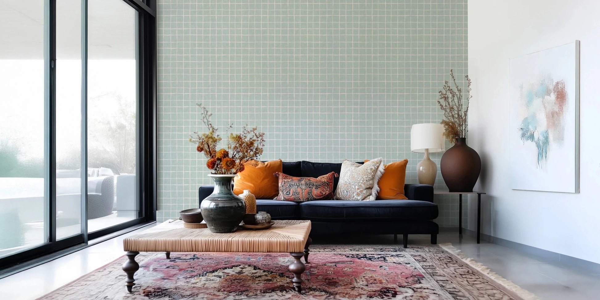 Crisp mint linen wallpaper for an airy laundry room.