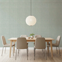Pastel green wallpaper with a thin white line design.