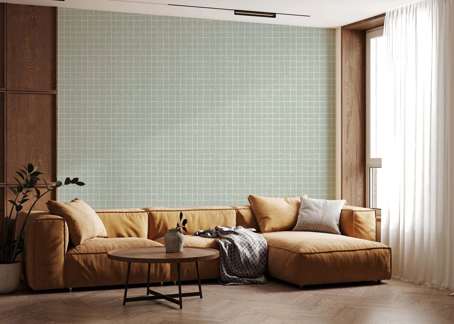 Refreshing minty grid wallpaper for a bright bathroom.