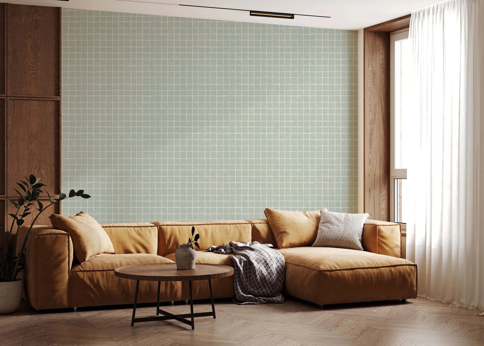 Refreshing minty grid wallpaper for a bright bathroom.