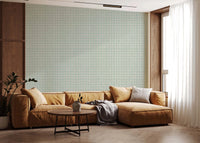 Refreshing minty grid wallpaper for a bright bathroom.