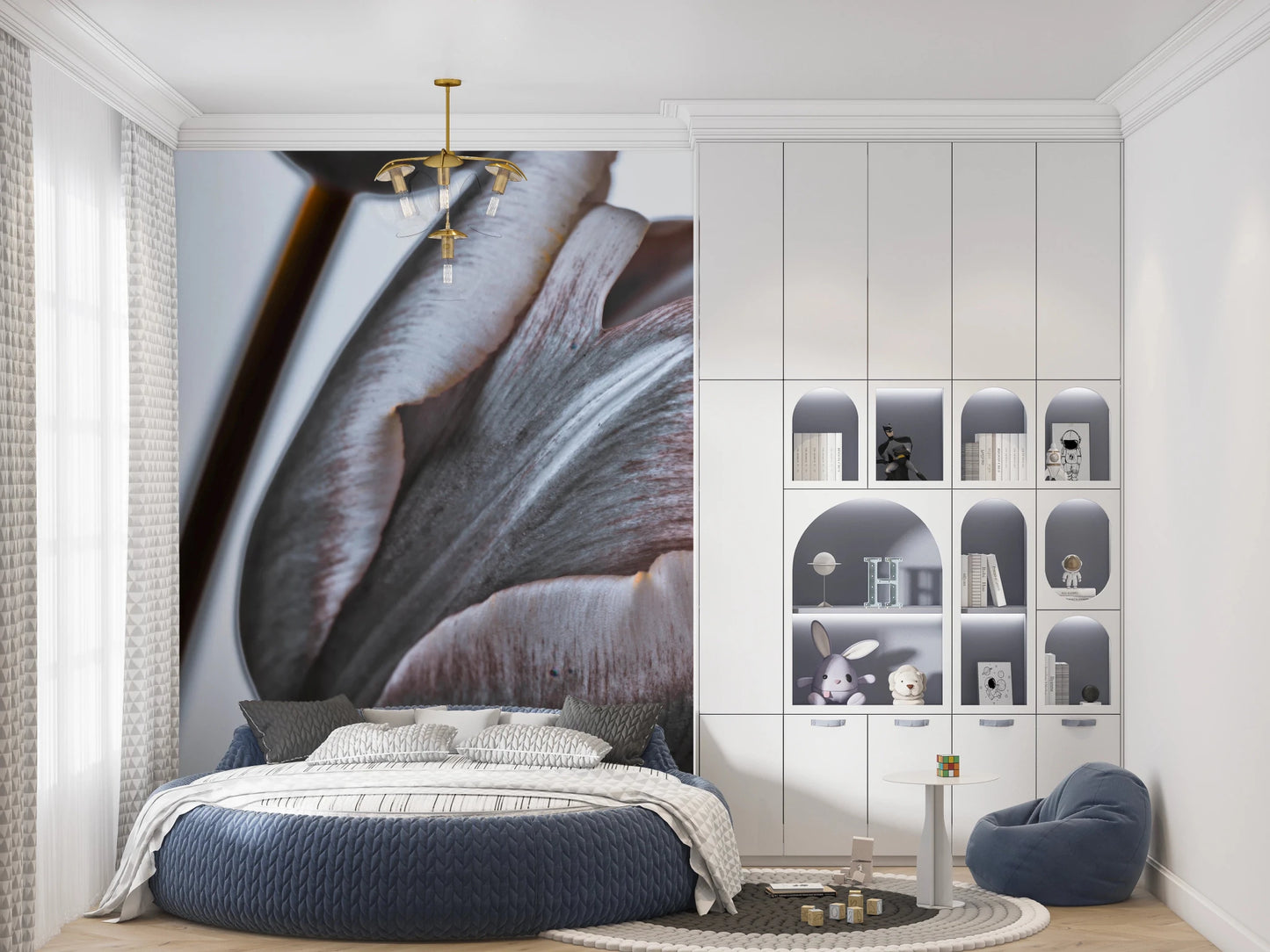 Modern bedroom with Miracle Tulips Wall Mural placed behind bed area, GD8241