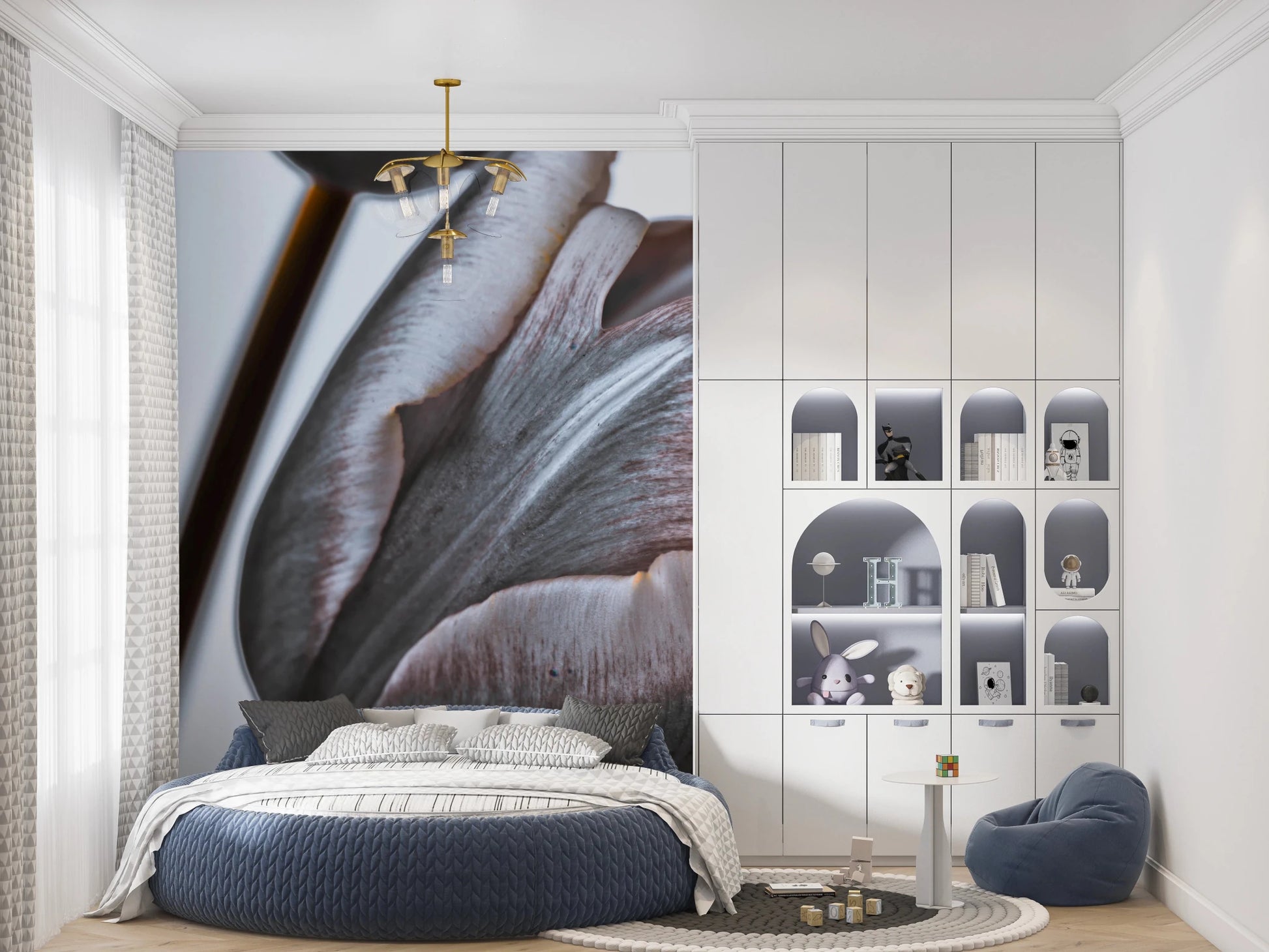 Modern bedroom with Miracle Tulips Wall Mural placed behind bed area, GD8241