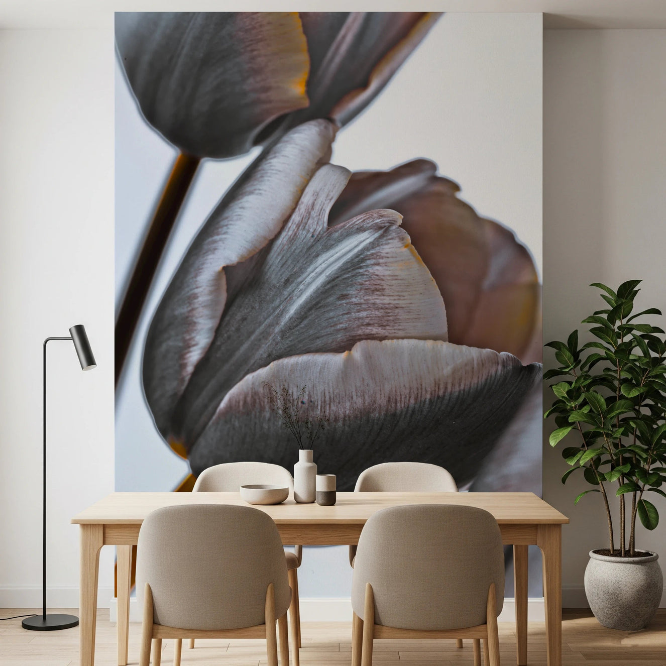 Dining area with table set against Miracle Tulips Wall Mural soft petal close view