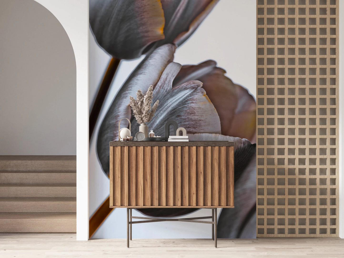 Console setup with decor accents before Miracle Tulips Wall Mural backdrop, GD8241