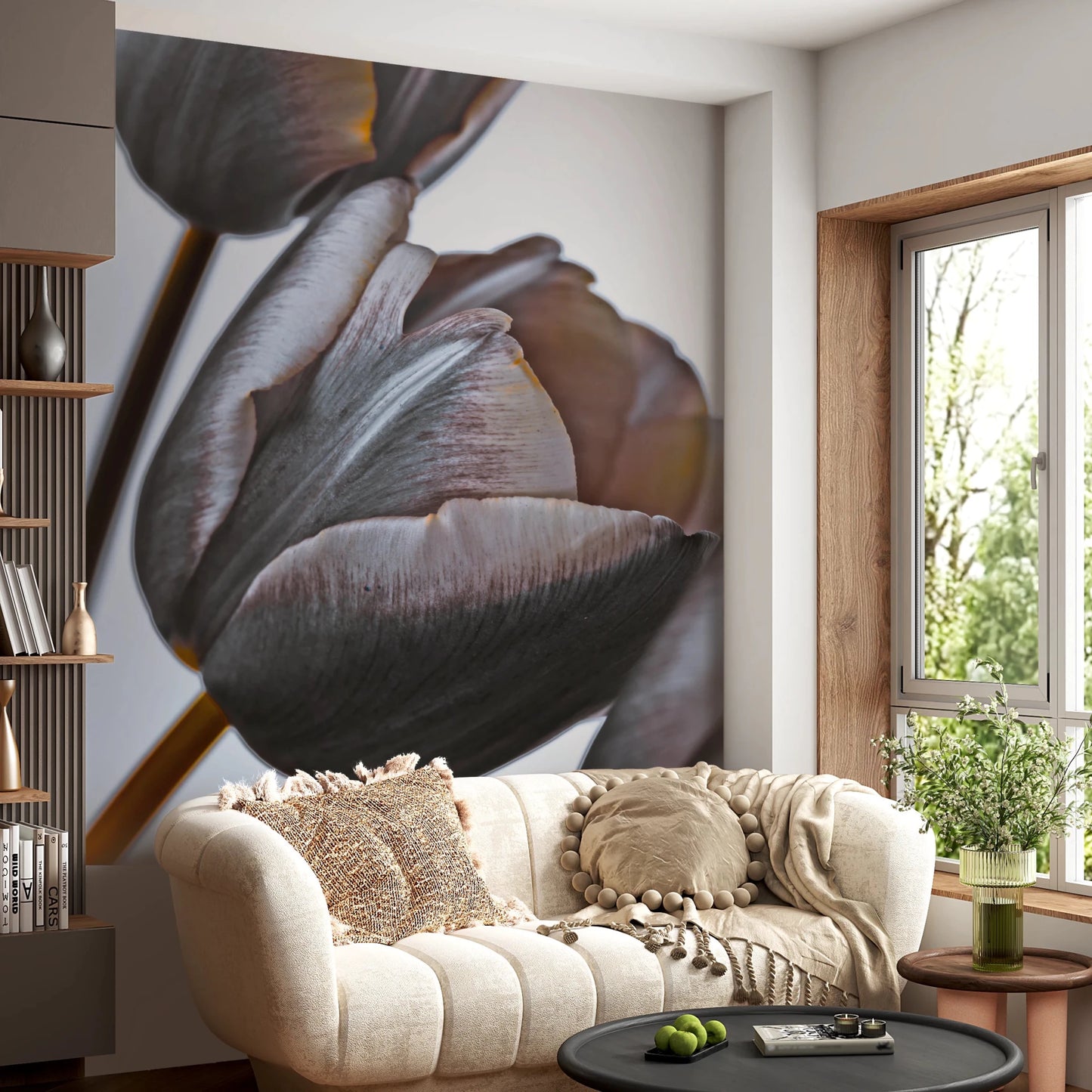 Cozy lounge seating with Miracle Tulips Wall Mural and soft petal curves, GD8241