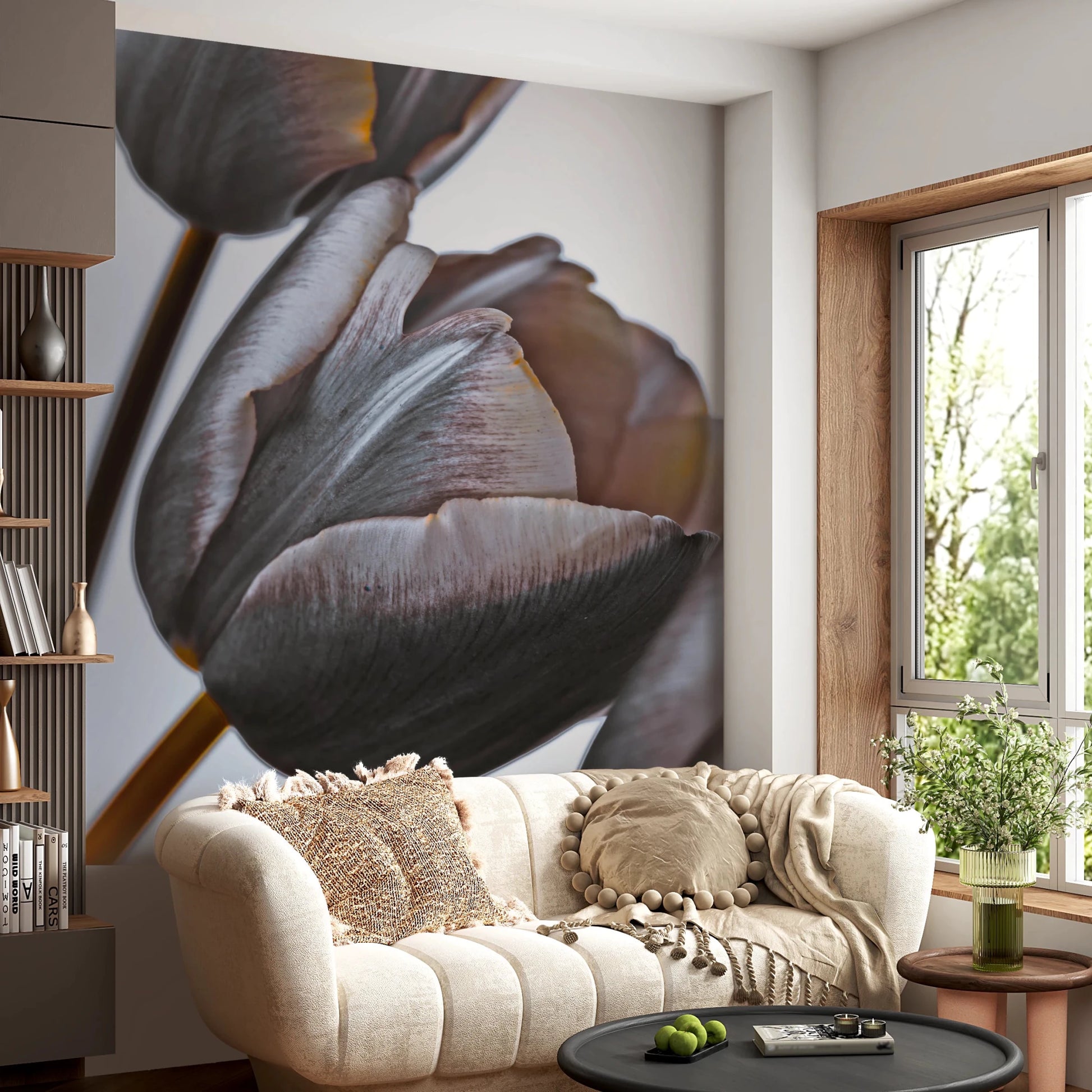 Cozy lounge seating with Miracle Tulips Wall Mural and soft petal curves, GD8241