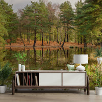 A living room featuring the mirror forest wall mural.

