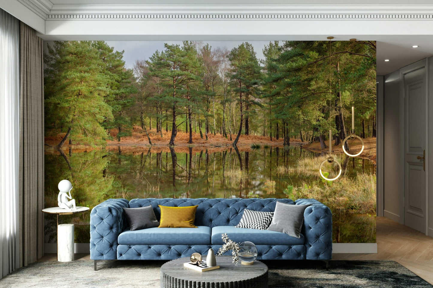 A high-angle view of the wall mural in a large space.

